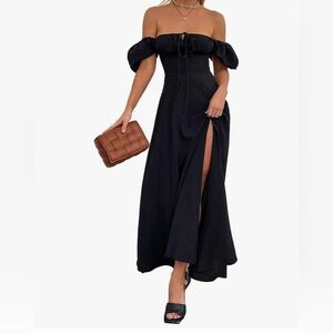 Women's Summer Puff Sleeve Maxi Dress Flowy A Line Size Large, Color Black